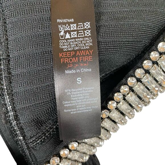 Karen Millen Embellished Fringe Bandage Top Black Crystal Overlay Cover-Up S - Picture 8 of 11